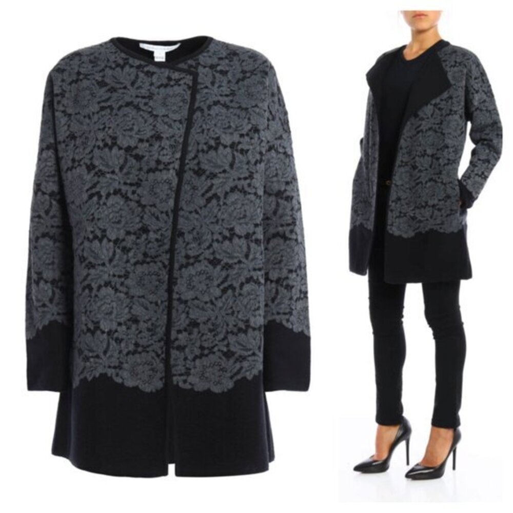 Diane Von Furstenberg Jeraldine Lace Paneled Merino Wool Coat M Black/Gray